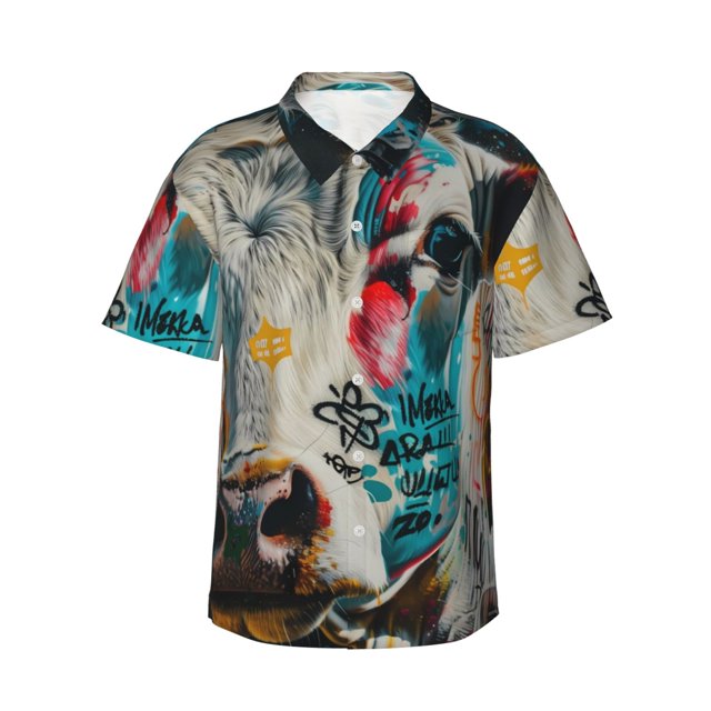 Fotbe Colorful Graffiti Cow Camisa Hawaiana para Hombre Unisex – Camisa Casual de Verano con Botones de Manga Corta de Algodón y Lino,Large