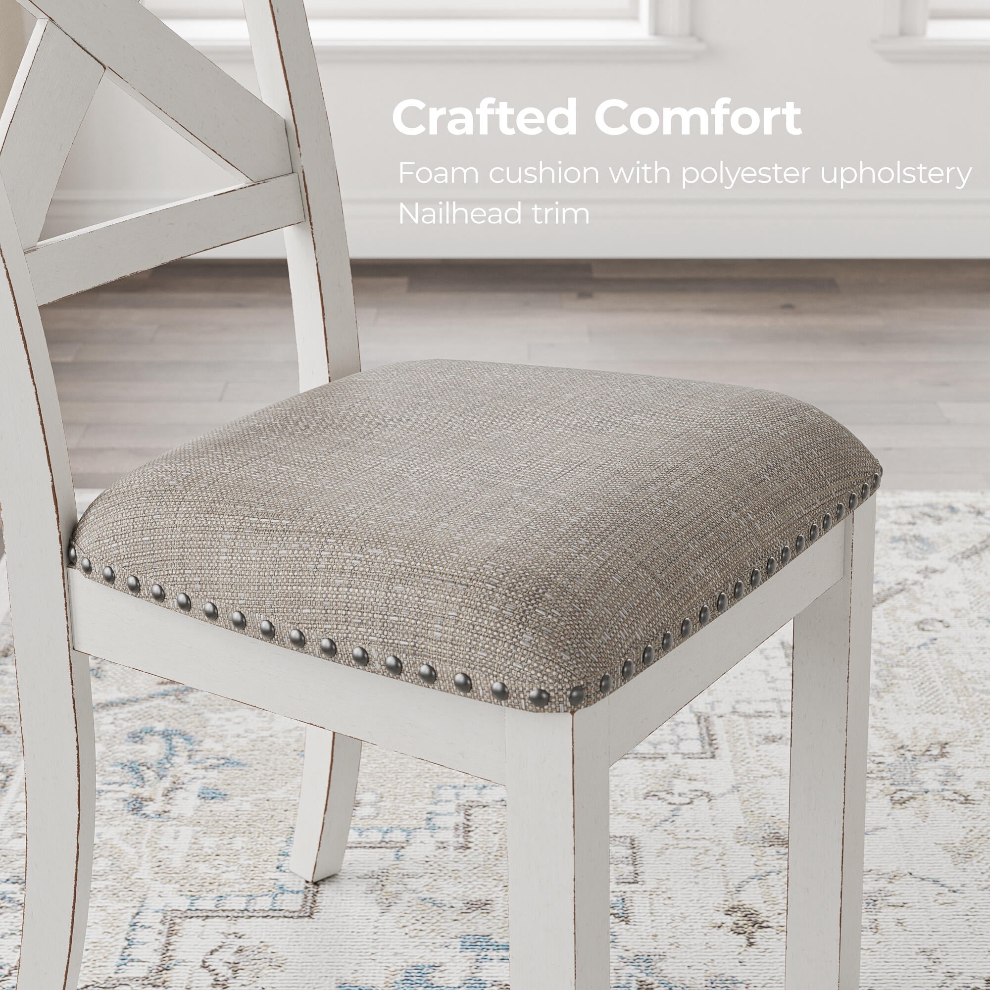 Signature Design by Ashley Robbinsdale Upholstered Dining Side Chair Set (2), Antique White, Farmhouse X-Back Chairs with Nailhead Trim