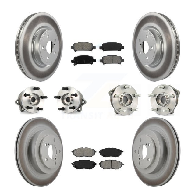 Transit Auto Front Rear Hub Bearings Assembly Coated Disc Brake Rotors and Semi-Metallic Pads Kit (10Pc) for Car Subaru Legacy - Left Right Side (Driver Passenger) KBB-112026
