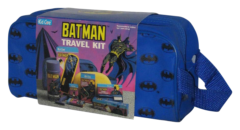 DC Batman Kid Care (1992) Blue Travel Kit (Shave Cream, Play Razor, Toothpaste, Soap, Bandages, Hair Comb) Batman travel kit