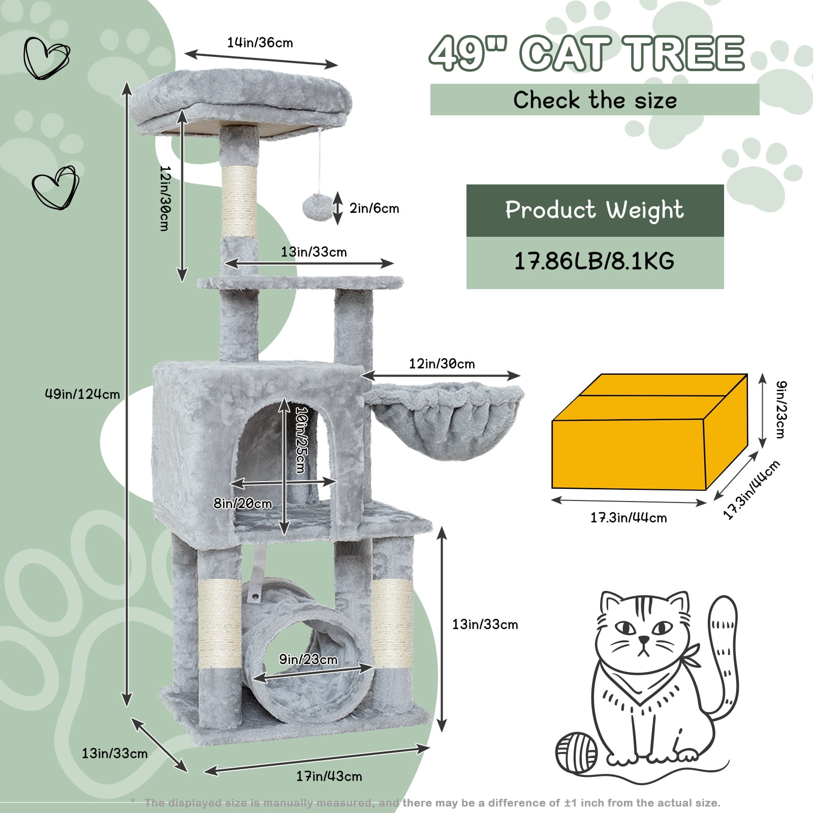Senbonry Cat Tree for Indoor Cats with Scratching Posts, 49in Small Gothic Tower with 9 Inchs Tunnel, Condo, Basket, Pompoms,Light Gray