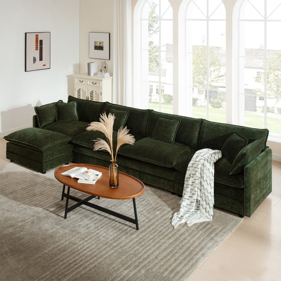 Modular Sectional Sofa for Living Room,U Shaped Couch 4 Seater Convertible Sectional Couch with 1 Ottoman ,Green Chenille