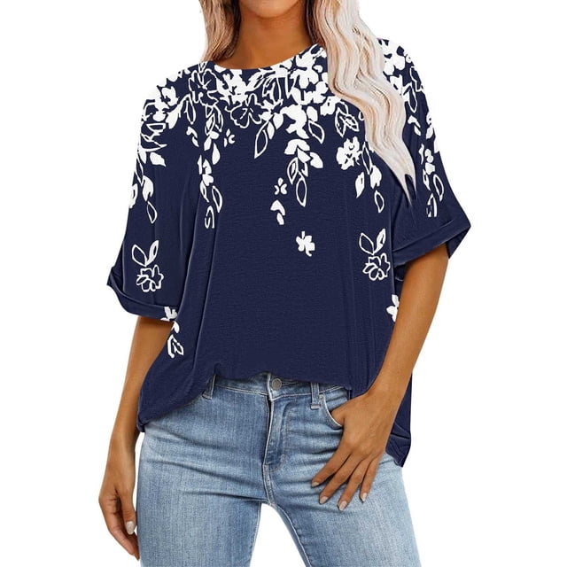 Camisas de Manga Corta para las Mujeres Blusa Suelta de Impresión Recortada Casual, 95% Poliéster 5% Spandex Top para Gimnasio, Diario Y Verano