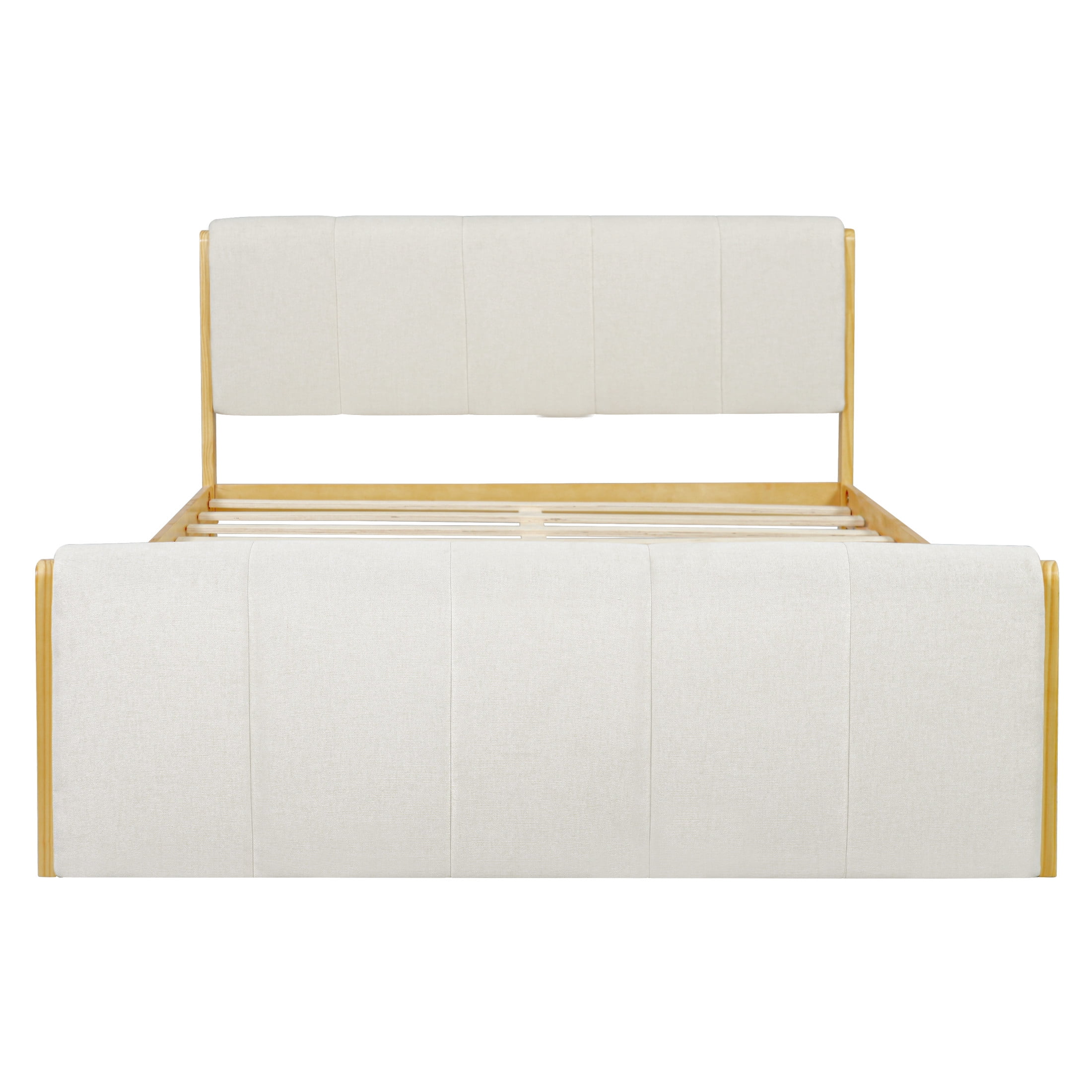 Christopher Knight Home Queen Upholstered Bed Frame, Platform Bed with Wood Trim, White + Natural