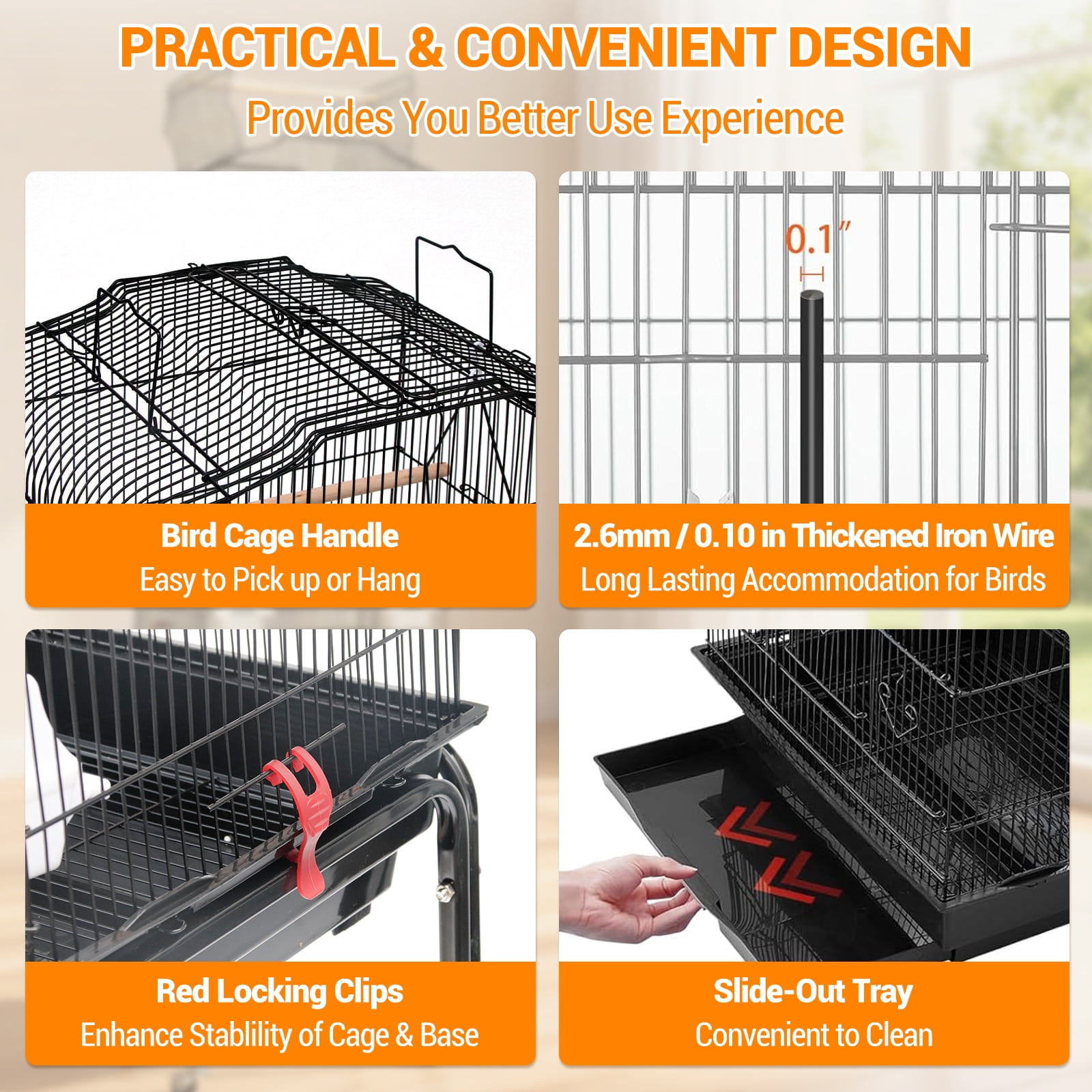 Play Open Top Medium Small Bird Cage with Detachable Rolling Stand Hanging Bird Cage with Storage Shelf, Playtop Parrot Cages Heavy-Duty Pet Birds House Black