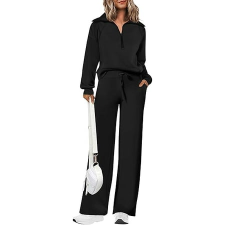 PRETTYGARDEN Women's 2 Piece Outfits Casual Lapel Half Zip Sweatshirts And Wide Leg Pants Tracksuit Sets