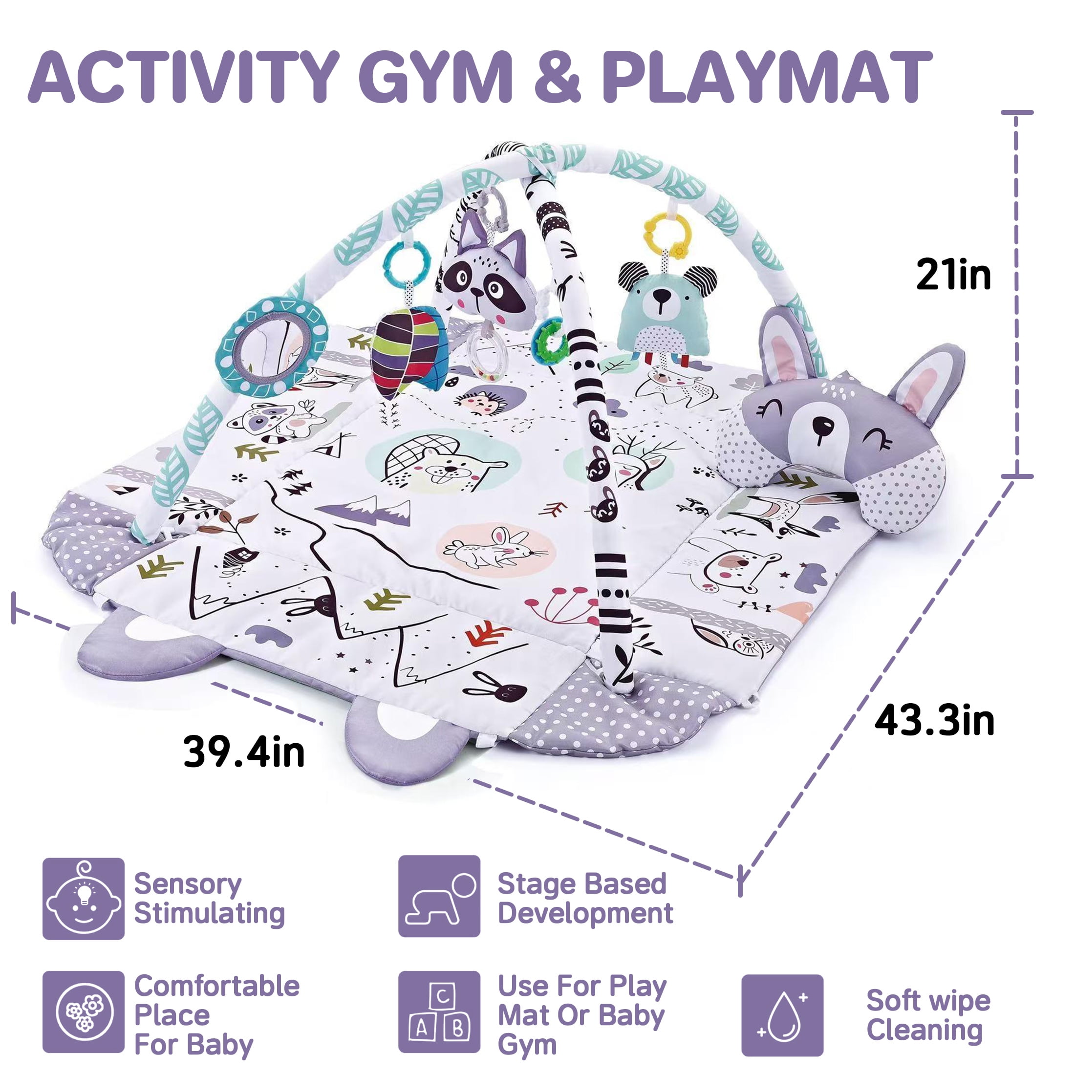KOPPOP 4-in-1 Baby Activity Gym & Tummy Time Play Mat, Infant Sensory Toys for Motor Skill Development, Purple