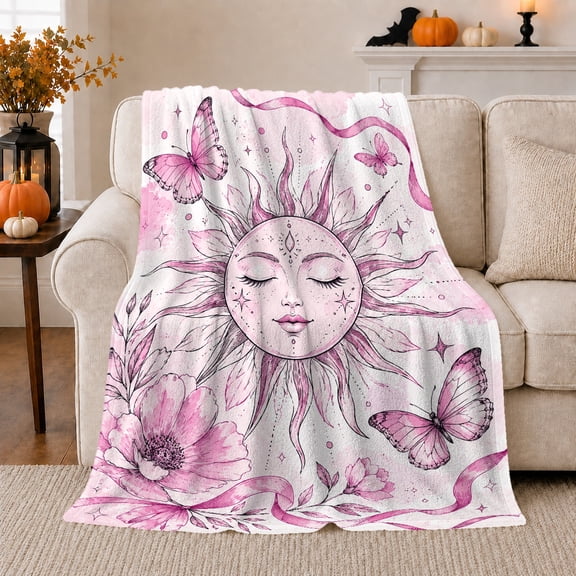 Pink Sun Face with Butterflies and Floral Leaves, Dreamy Celestial Boho Motif for Butterfly Lovers, Birthday Gift, Cozy Flannel Blanket for Bedroom and Reading Nook, Soft Home Decor