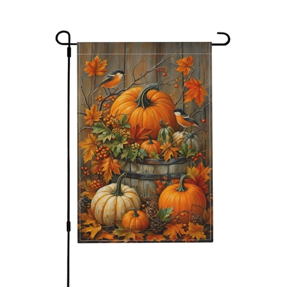 Autumn Pumpkin Garden Flag Fall Leaves Bird Rustic Outdoor Decor 12X18 Inch