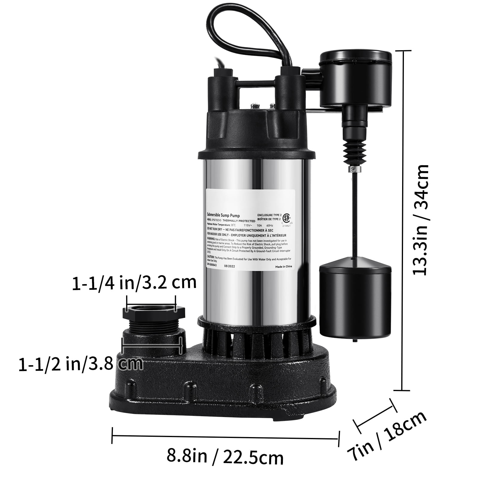KFFKFF Sump Pump, 1.5 HP 6000 GPH, Submersible Cast Iron and Stainless Steel Water Pump, 1-1/2" Discharge With 1-1/4" Adaptor, Automatic Vertical Float Switch, for Indoor Basement Water Basin