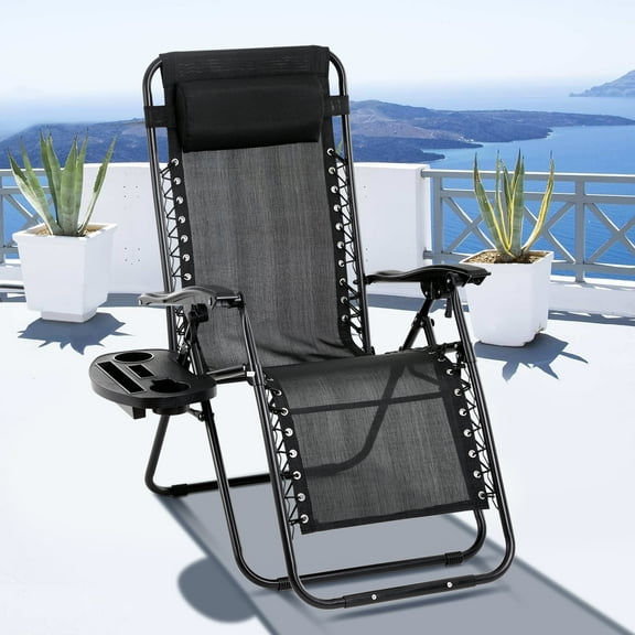 Dkeli Zero Gravity Chair Folding Mesh Zero Gravity Recliner with Cup Holder and Pillow Support 300 lbs for Deck, Lawn, Poolside, Camping, Black