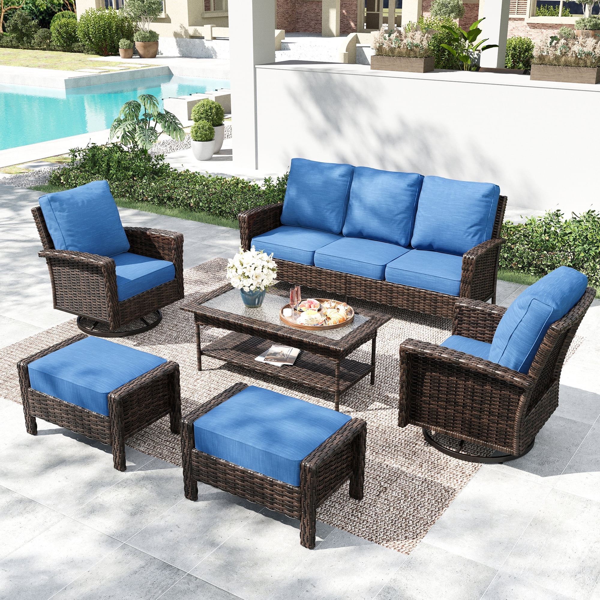 SUMMIT LIVING 7-Seat Wicker Patio Furniture Set with 2 Swivel Chairs & 3-Seat Sofa & Coffee Table with 2 Ottoman, Outdoor Sectional Conversation Set, Blue