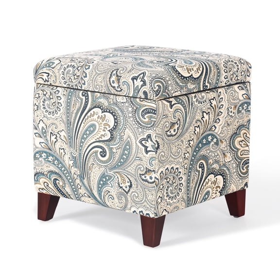 Homebeez Printed Linen Cube Storage Ottoman with Solid Wood Legs, Cube Footstool, Storage Cabinet, 18" H Weight Capacity 300LB Blue