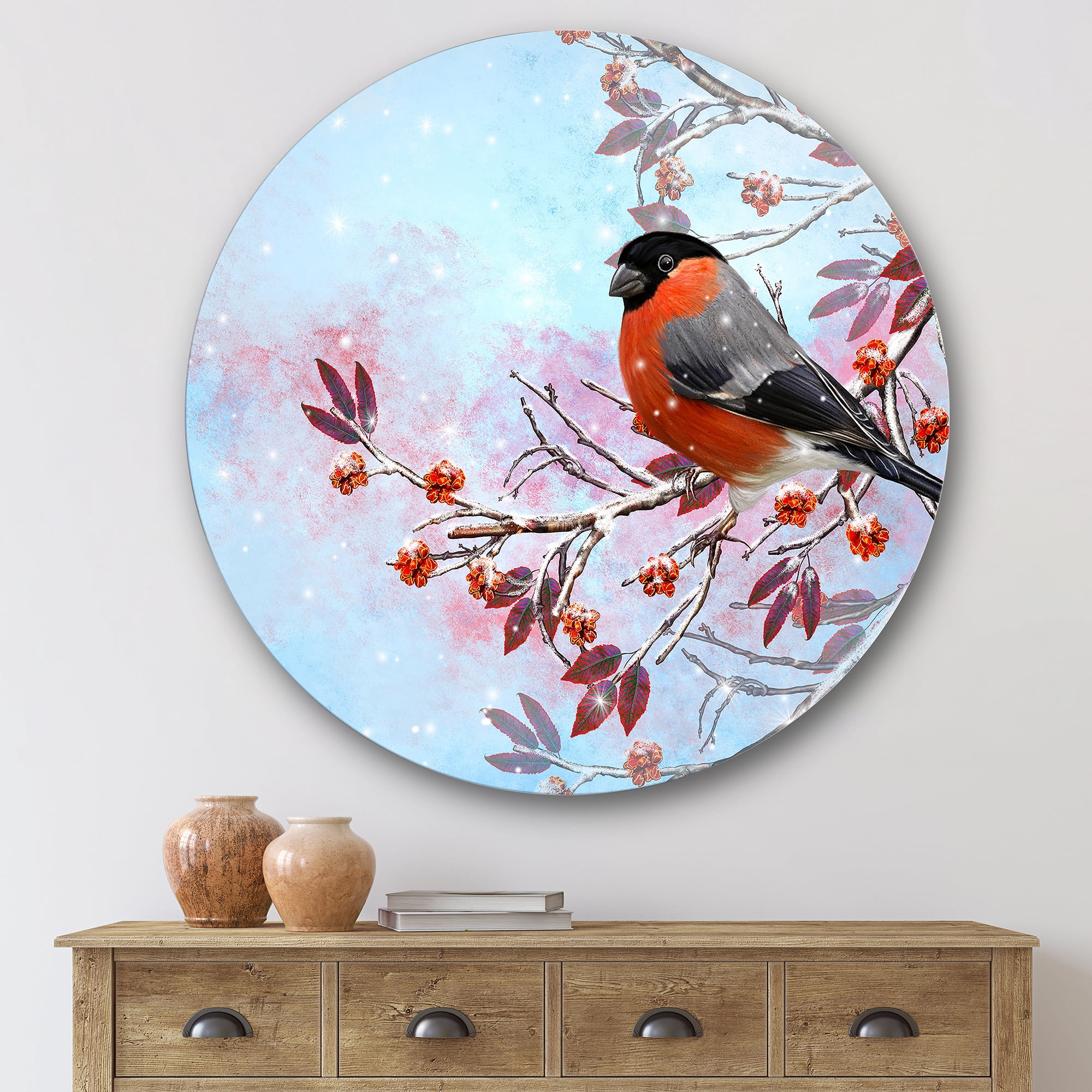 Designart 'A Bright Bullfinch Bird Sitting On A Branch' Traditional Circle Metal Wall Art 36x36 - Disc of 36