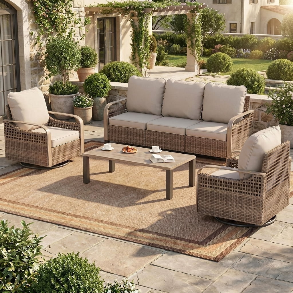 Poteban Outdoor Patio All Weather Wicker Furniture Sets,with Coffee Table, Sofa, Swivel Rocking Chair and Ottoman,for Pool, Backyard, Garden, 6 Pieces