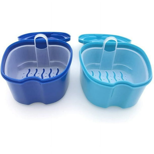 Caja para dentaduras postizas, caja para prótesis, caja para baño para dentaduras postizas, caja de almacenamiento para dentadura postiza con contenedor de red colgante, color azul claro