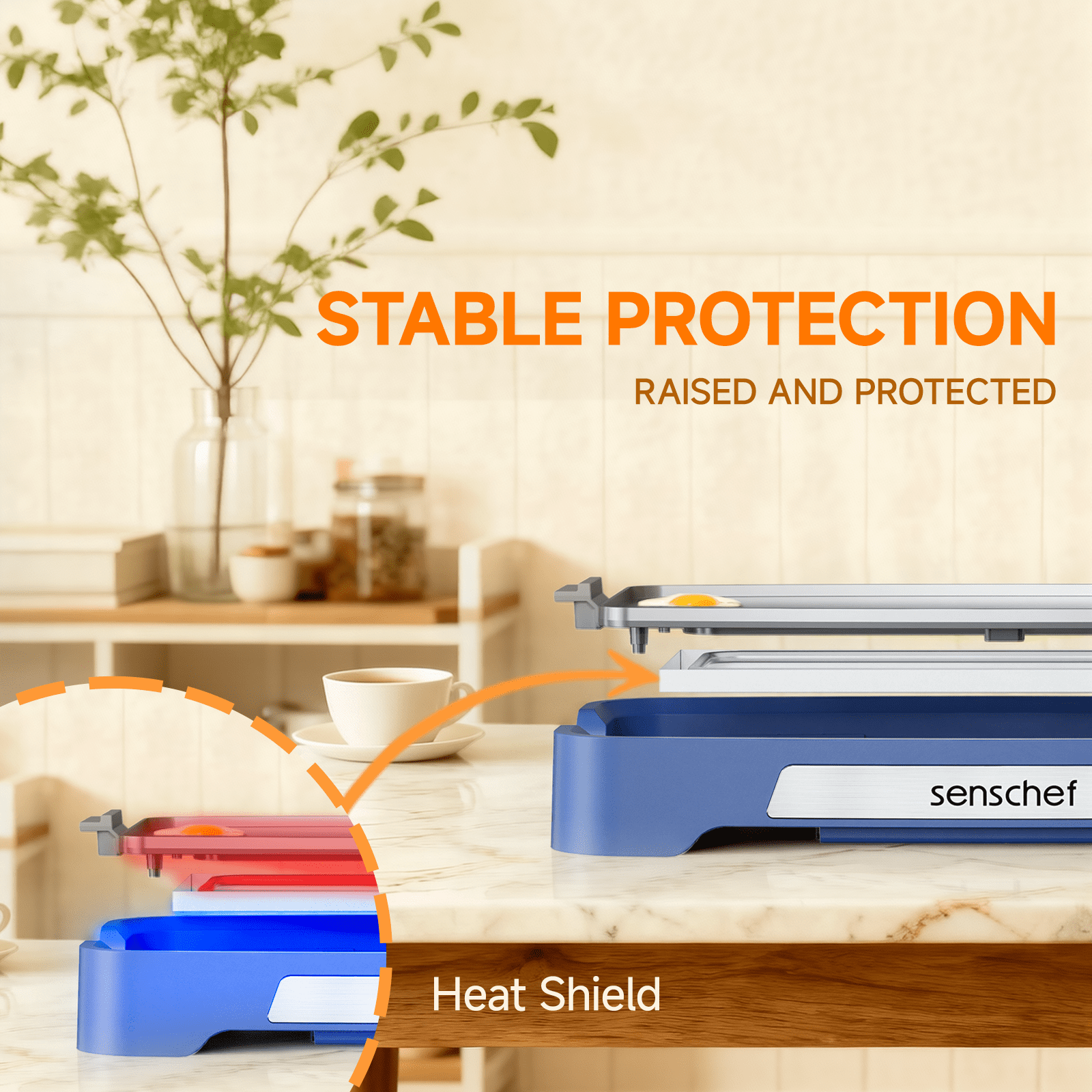 SENSCHEF Cleansnap Everyday 20 inch Electric Griddle, 1700W Rapid Heating, Foldable Anti-Mess Shield, PPG Ceramic Nonstick, Dishwasher Safe, Ocean Blue