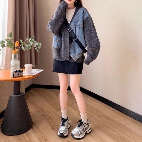 ZHOGXU Women's Cardigan Long Sleeve Open Front Buttons Denim Patchwork Knit Comfortable Loose Fit Coat Jacket For Casual Daily Wear Grey One Size
