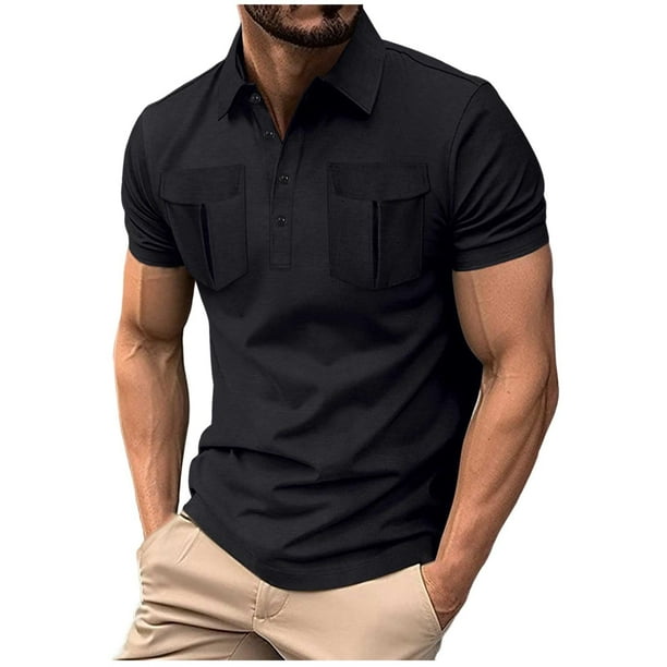 Camisa de Manga Corta de Botón de los Hombres de Color Sólido Bolsillo Blusas de Cuello, Poliéster Rayon Spandex