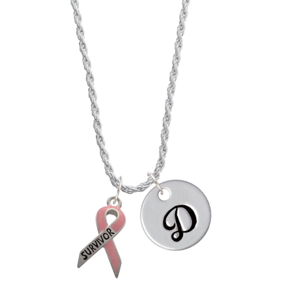 Delight Jewelry Silvertone Pink Ribbon ''Survivor'' Silvertone Script Initial Disc - D - Charm Necklace, 20"+3"