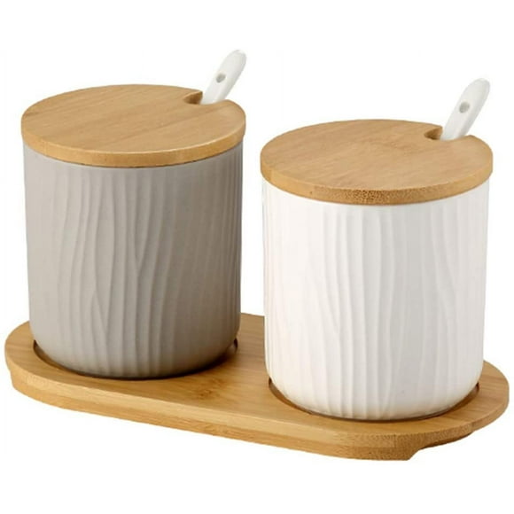 Set of 2 Ceramic Condiment Jar, Condiment Container Seasoning Box , Condiment Canisters Pots