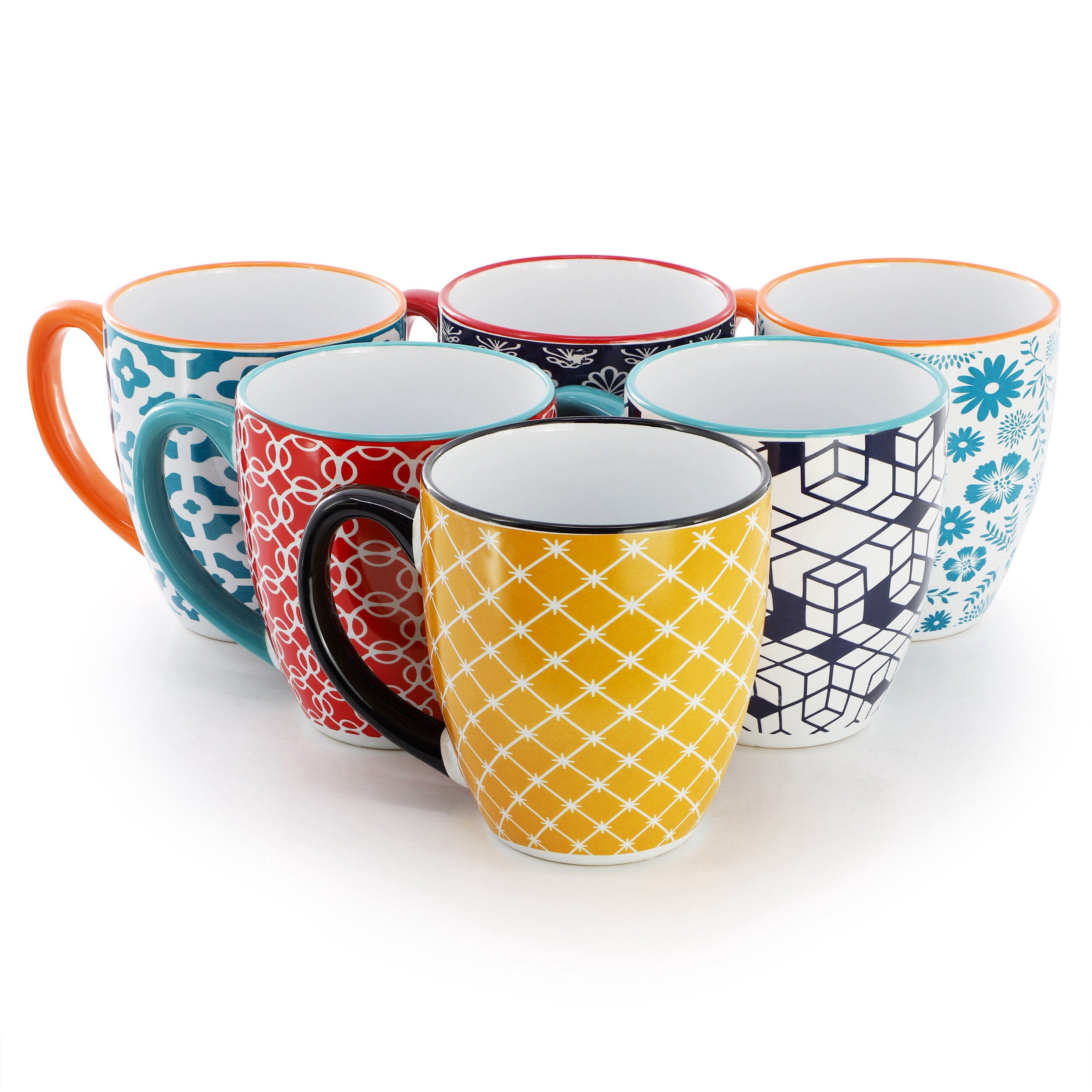 Elama Rory 6 Piece 16 Ounce Assorted Design Stoneware Mug Set in Assorted Colors