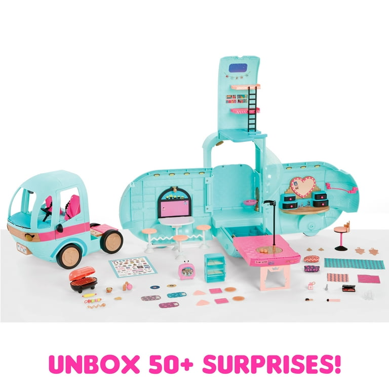LOL Surprise OMG Glam N' Go Camper Playset with 50+ Surprises and 360°  Play, Fully Furnished with Pool, Water Slide, Bunk Beds, Vanity, BBQ Grill,  DJ Booth, Kids Gift Ages 4+ 