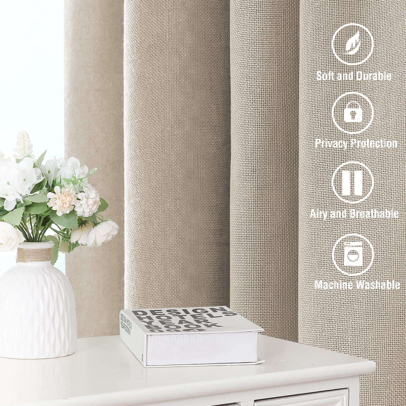 Turquoize Classic Natural Linen Privacy Curtains Light Filtering for Living Room 2 Panels Back Tab, 52" x 63" , Angora