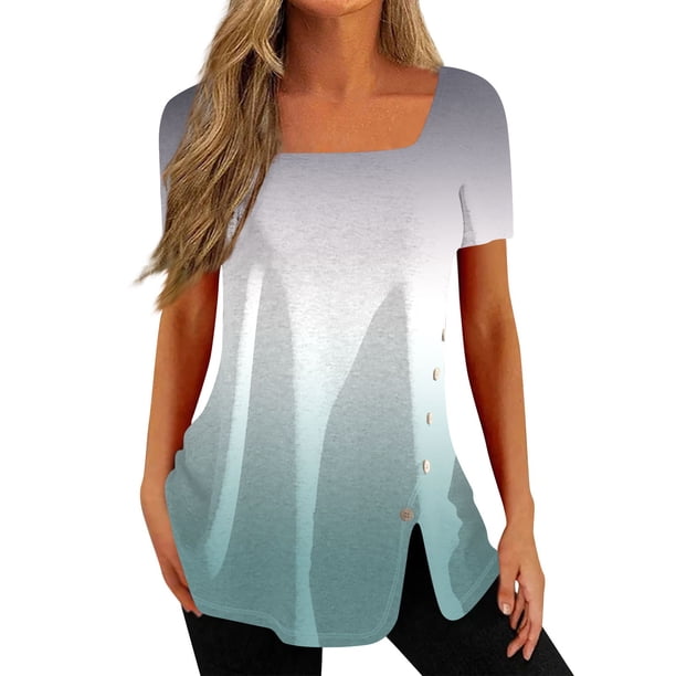 Gibobby Playera Manga Corta para Mujer Tops verano para mujer, camiseta informal con cuello cuadrado y manga corta con botones y abertura, camiseta, Tops,(Gris,CH)