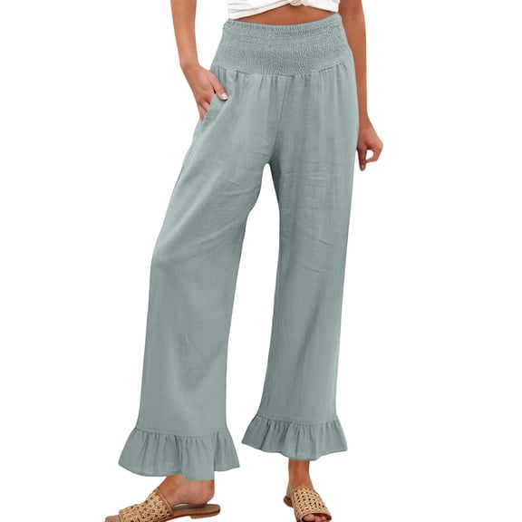 Lumtrix Womens Cotton Linen Wide Leg Pants Summer Casual High Waist Ruffle Hem Cropped Trouser With Pockets For Daily Light Gray XL