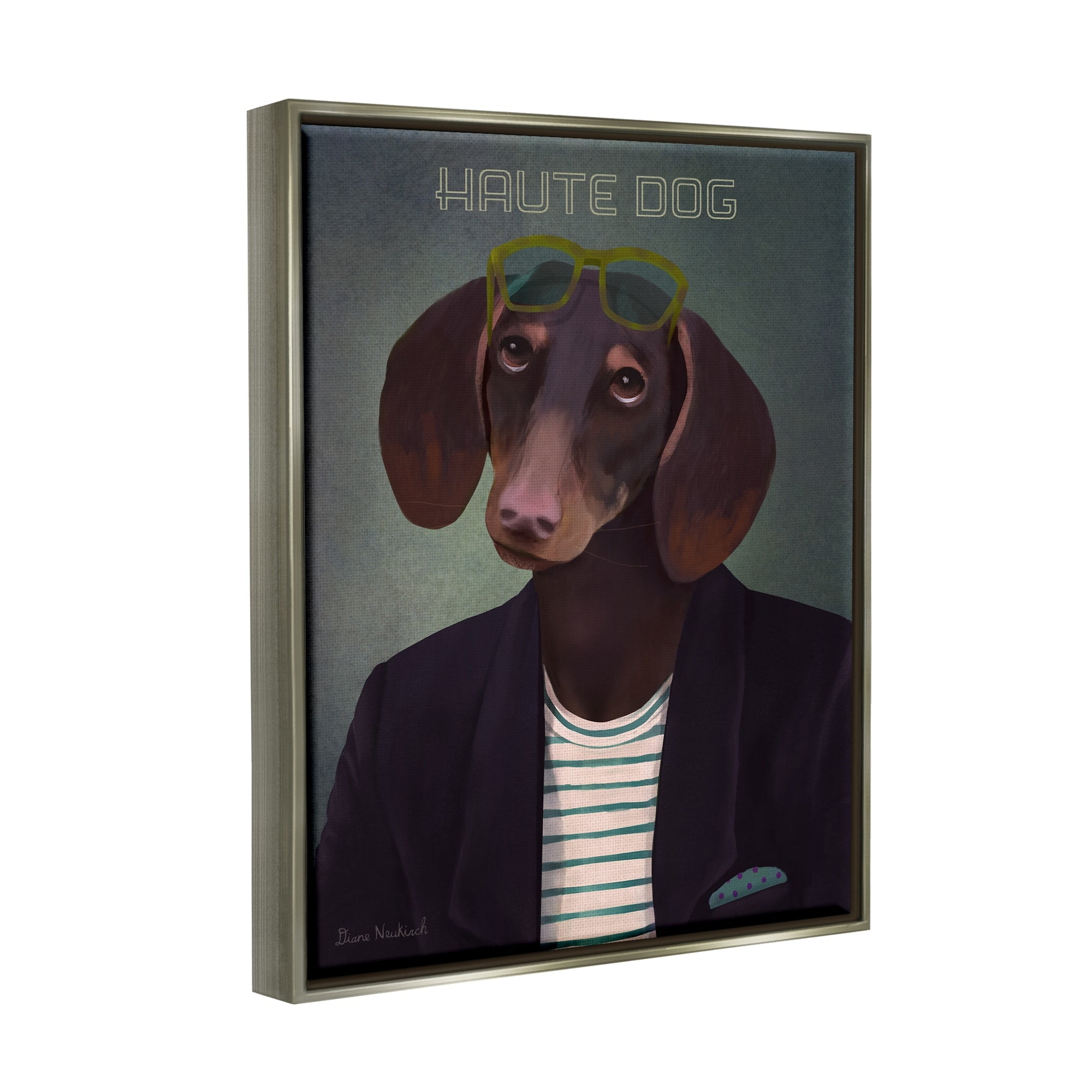 Stupell Industries Haute Dog Quirky Wearing Clothes Blazer Sunglasses Graphic Art Luster Gray Floating Framed Canvas Print Wall Art, Design by Diane Neukirch