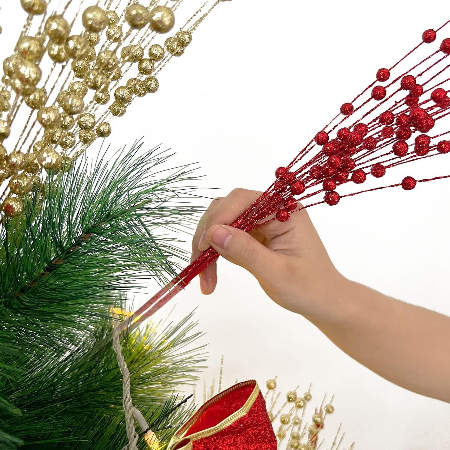 30 Pack Artificial Glitter Berry Stem Ornaments 15.7in Decorative Christmas Picks Glittery Bead Sticks Branches for Christmas Tree Decor DIY Wreath Crafts Home Decor (Red)