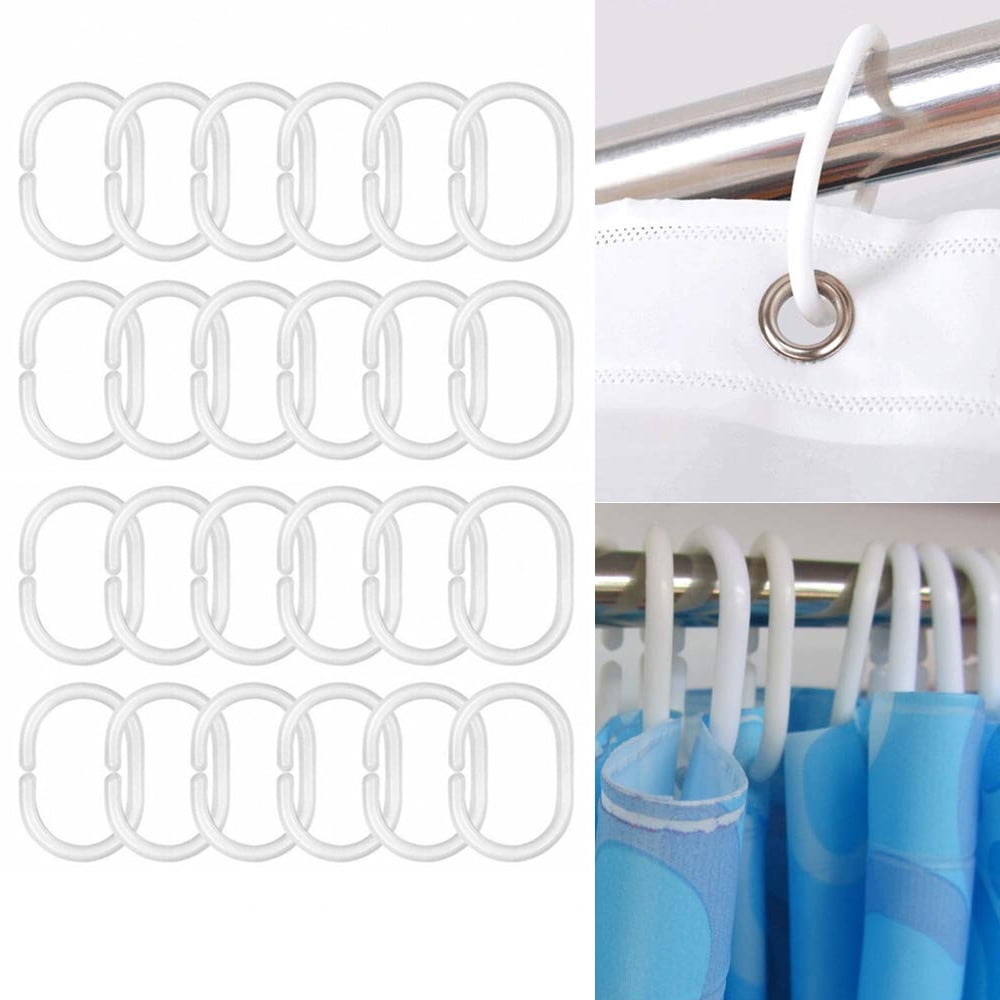 24 Pcs Set Plastic Bathroom Shower Curtain Rings Hooks White Rustproof