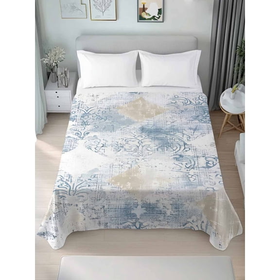 Blue Beige Floral California King Size Flat Sheet, Wrinkleproof & Fadeproof Cooling Flat Bed Sheet Only, Vintage Smear Abstract Art Breathable Soft Bedding Top Sheets 108 x 98 Inches