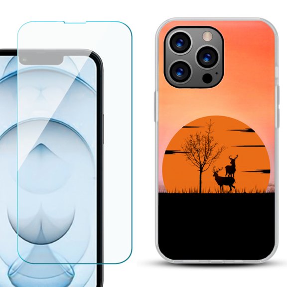 Slim-Fit Gel TPU Phone Case for iPhone 13 Pro Max, with Tempered Glass Screen Protector, by OneToughShield ® - Sunset Deer