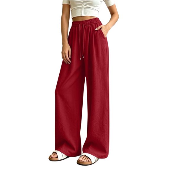 yeiolnoer Pants for Women Drawstring Elastic Waist Pants Casual Wide Leg Long Pants with Pocket Fashion Outfit(Wine,X-Large)