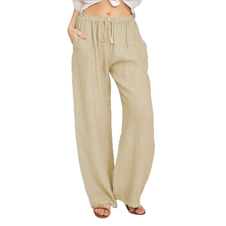 NARABB Womens Casual Loose Long Pants Solid Cotton Linen Drawstring Elastic  Waist Wide Leg Long Pants
