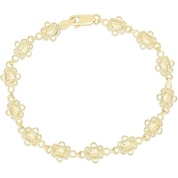 Floreo 10k Yellow Gold Filigree Flower and Oval Shape with Marquise Diamond Cut Finish Floral Link Bracelet