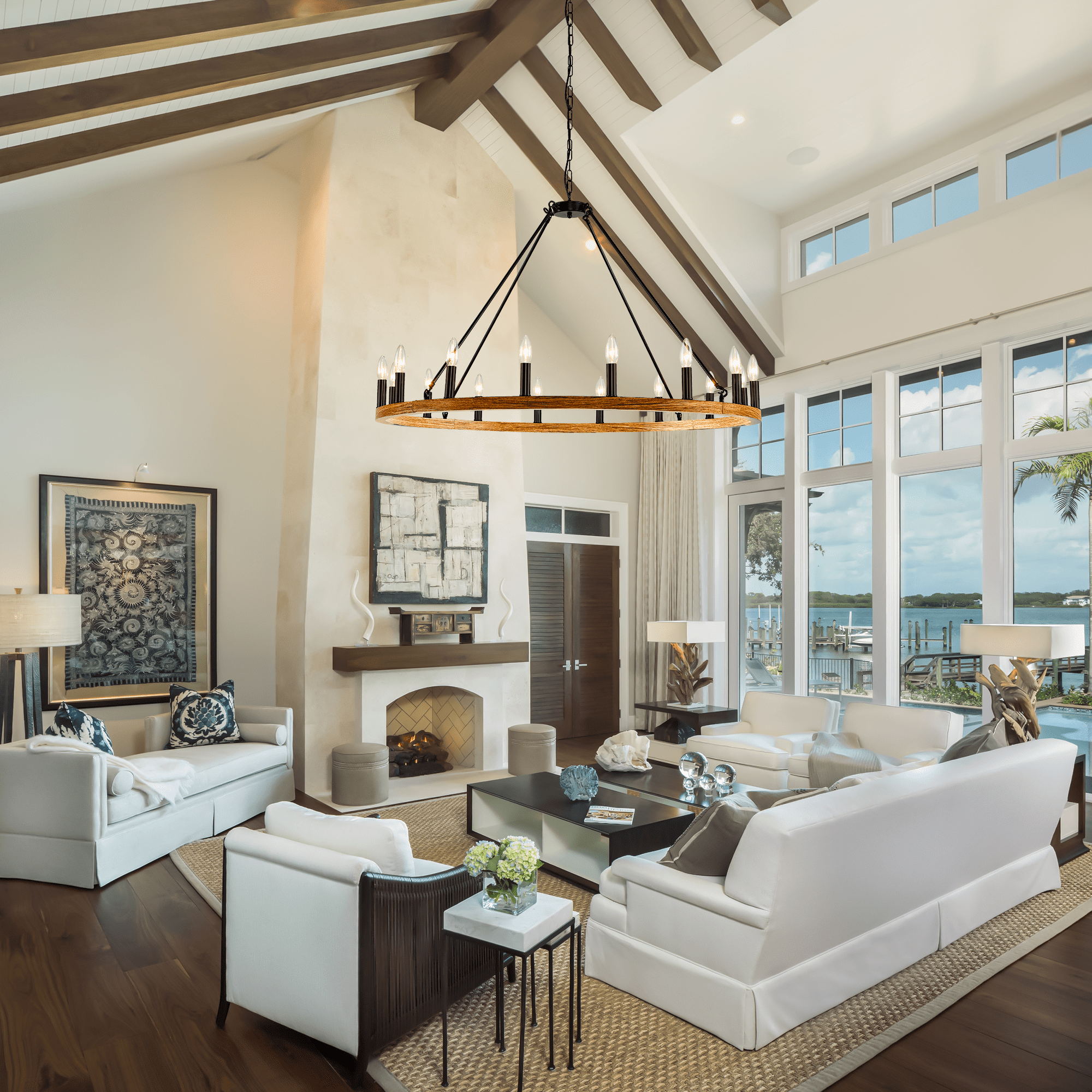 Magic Home 16-Light Big Wagon Wheel Chandelier,Modern Farmhouse Large Light Fixtures Large Round Chandelier,Round Kitchen Island Light,walnut color frame + black lamp head