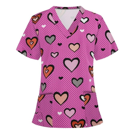 

KIJBLAE Valentine s Day Shirts for Women Short Sleeve Tees Tunic Scrub Pocket Blouses Working Uniform Clothes for Girls V-Neck T-shirt Heart Print Tops Hot Pink L Savings