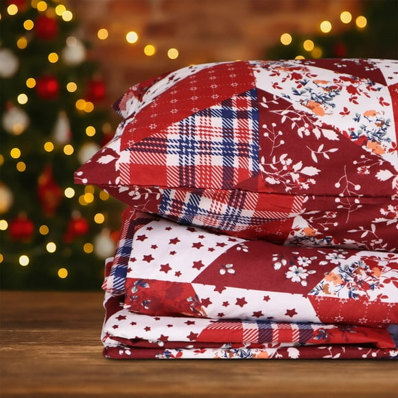 Hitime Queen Size 4-Piece Christmas Sheet Set - Ultra Soft & Breathable Polyester Bed Sheets, All Season Bedding, Wrinkle & Fade Resistant (Christmas Classical Splicing)