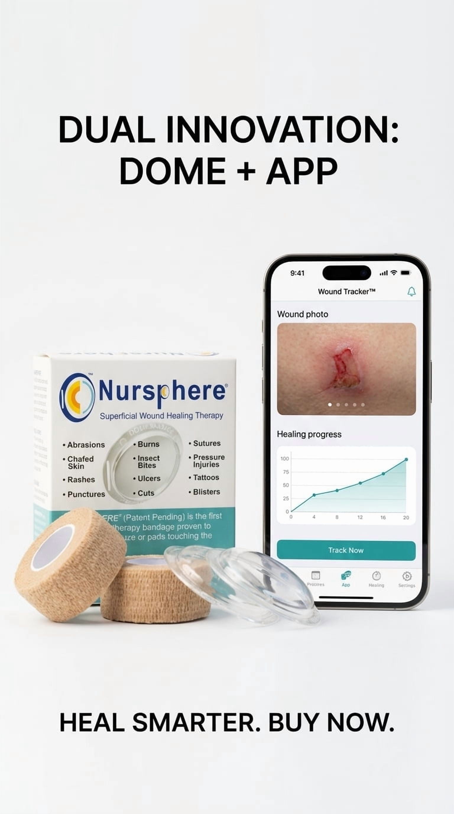 Nursphere® Dome Bandage™ Original Clear with Wound Tracker™ App U.S. Medical Utility Patent No. 12,636,195.