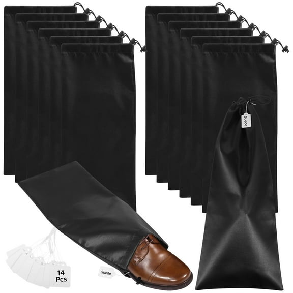 Shoe Bags for Travel, 14 Pcs Black Satin Drawstring Shoe Covers with Blank Labels, Portable Single Shoe Organizer