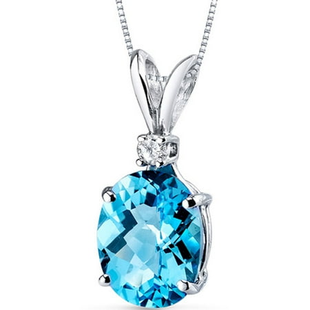 - 3.00 Carat Oval-Shape Swiss Blue Topaz and Diamond Accent 14kt White Gold Pendant, 18