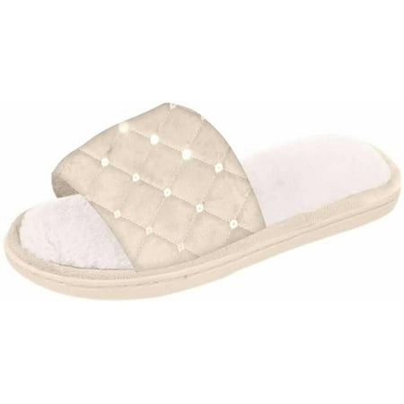 

Shoes8teen Womens Plush Slide Slipper With Quilted Sequin Upper Memory Foam Insoles ET0109 Kahki 8