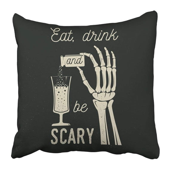 WOPOP Eat Drink and Be Scary Halloween Retro Badge Overlay Labels Seal Stamp Skeleton Hand with Potion Pillowcase 20x20 inch