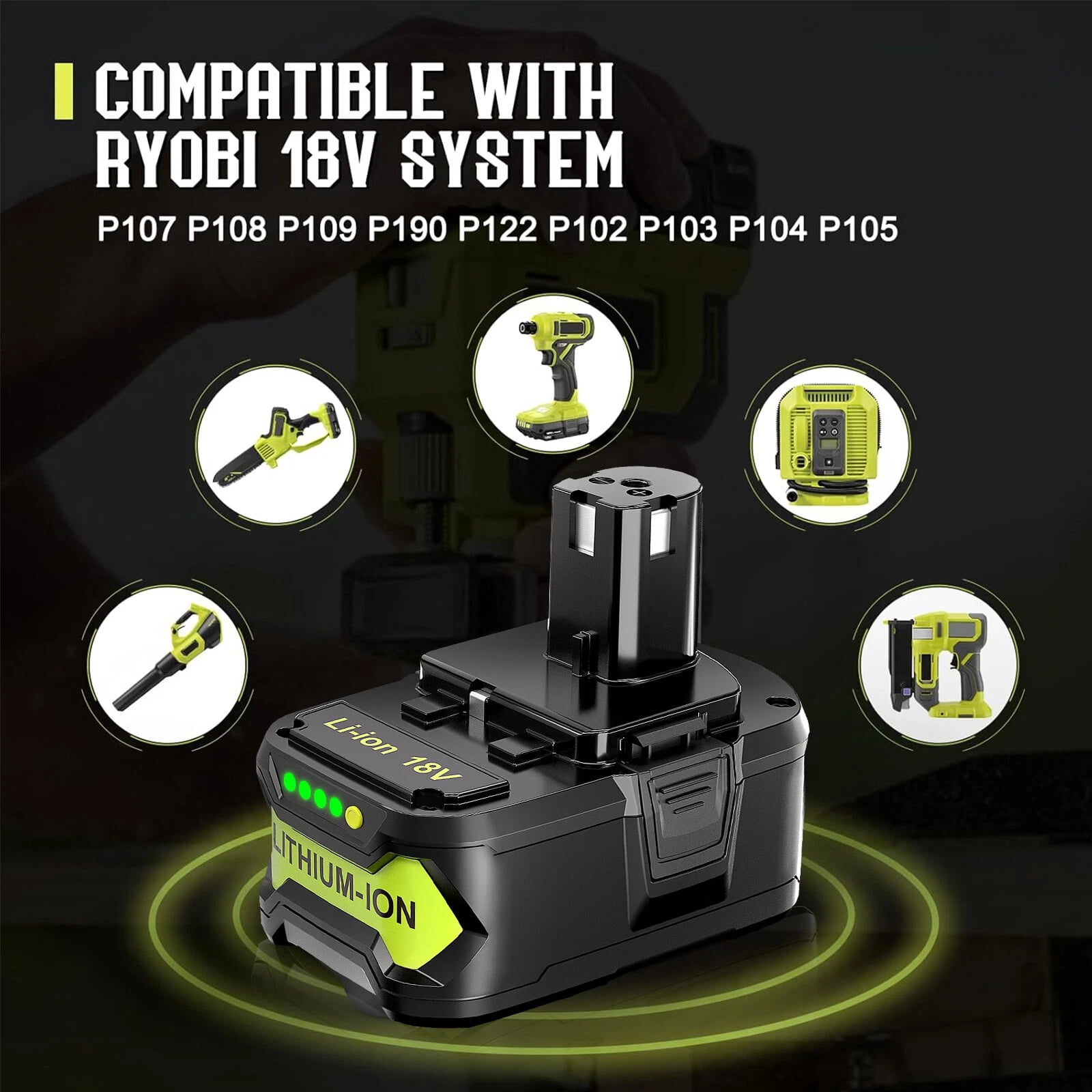 P108 8.0Ah Replacement for Ryobi 18V Lithium Battery P108 P105 P102 P103 P107 P109 P100