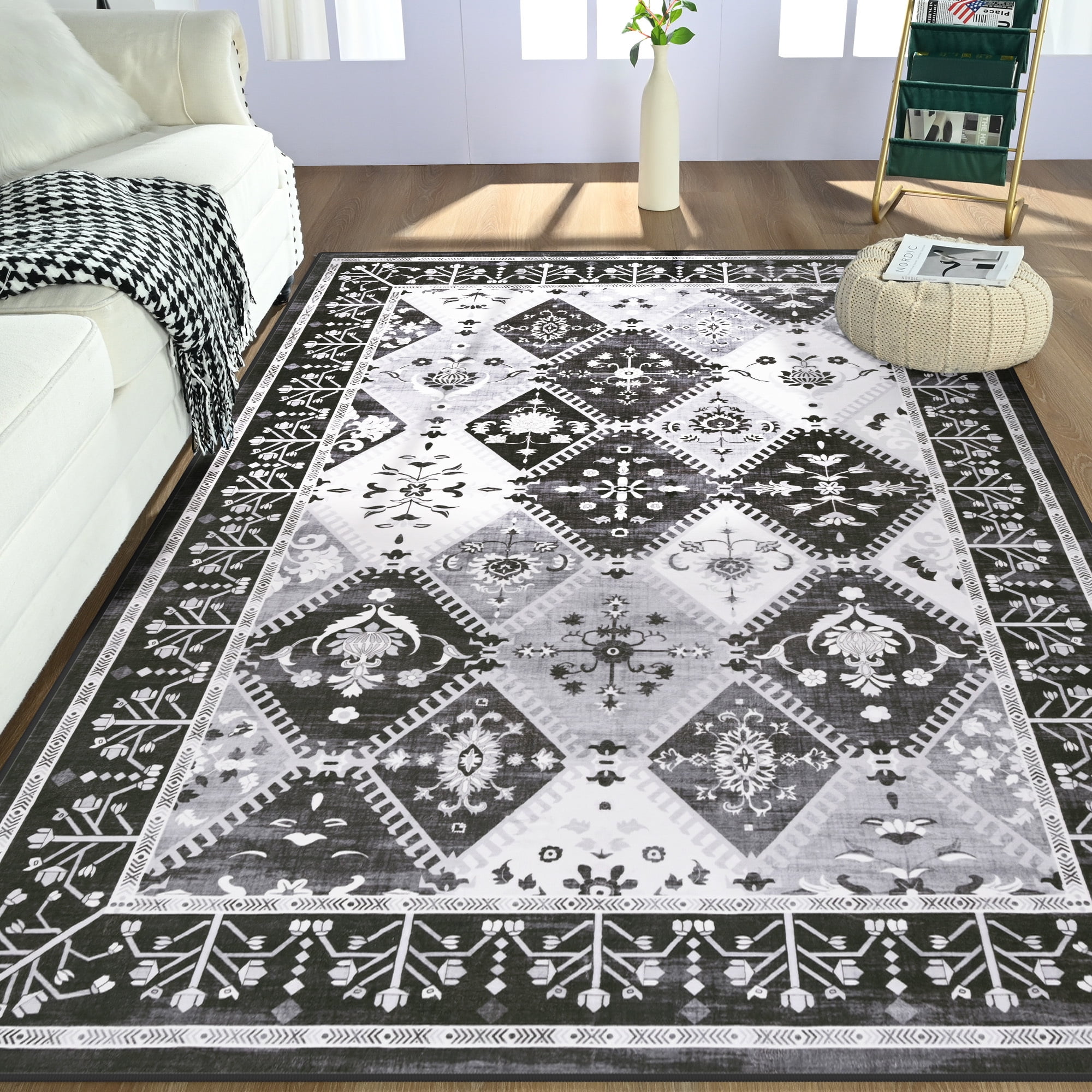 Wondo Moroccan Vintage Trellis Area Rug - Machine Washable Non-Slip Low-Profile 4x6 Floor Carpet for Living Room, Bedroom, Dining Room, Office & Nursery, Black