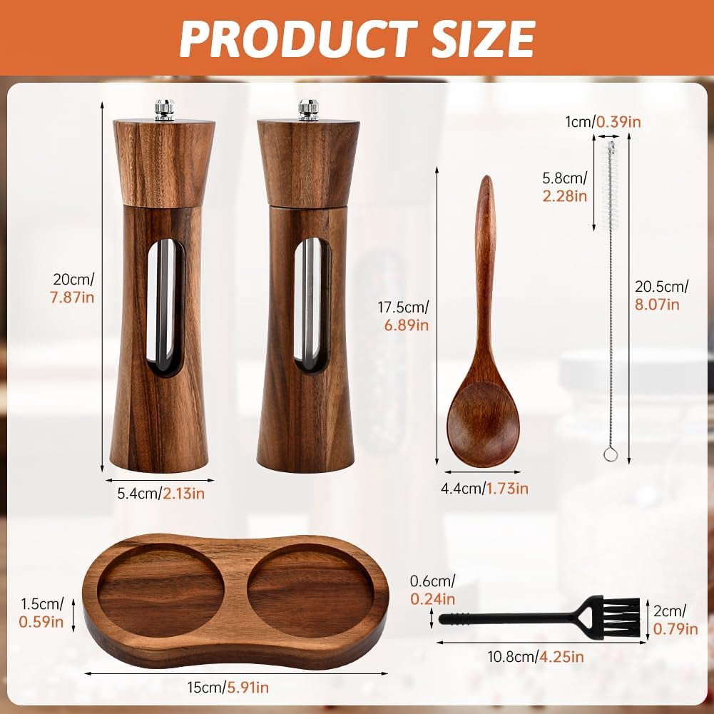 2Pack Wooden Salt and Pepper Grinder Set, 8-Inch Refillable Manual Salt and Pepper Mills with Clear View Window, Wood Shakers with Ceramic Grinder & Wooden Stand, Adjustable Coarseness