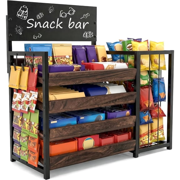 Snack Rack Display Stand for Countertop, 4 Tier Metal Rack with Deep Baskets, Candy & Chip Stand with Label Holders and Clip Hooks, Snack Station for Office Breakroom and Counter Use